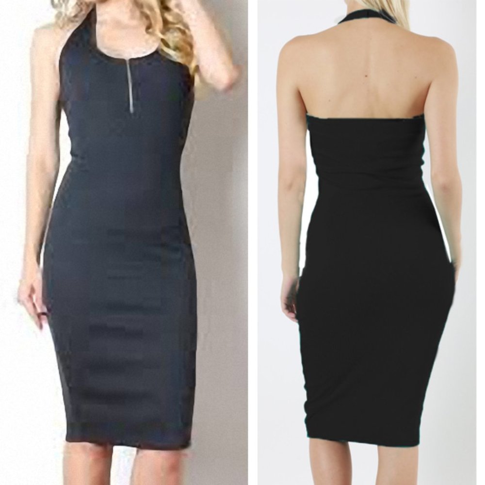 Black Ribbed Bodycon Halter Midi Dress - Picture 9 of 10